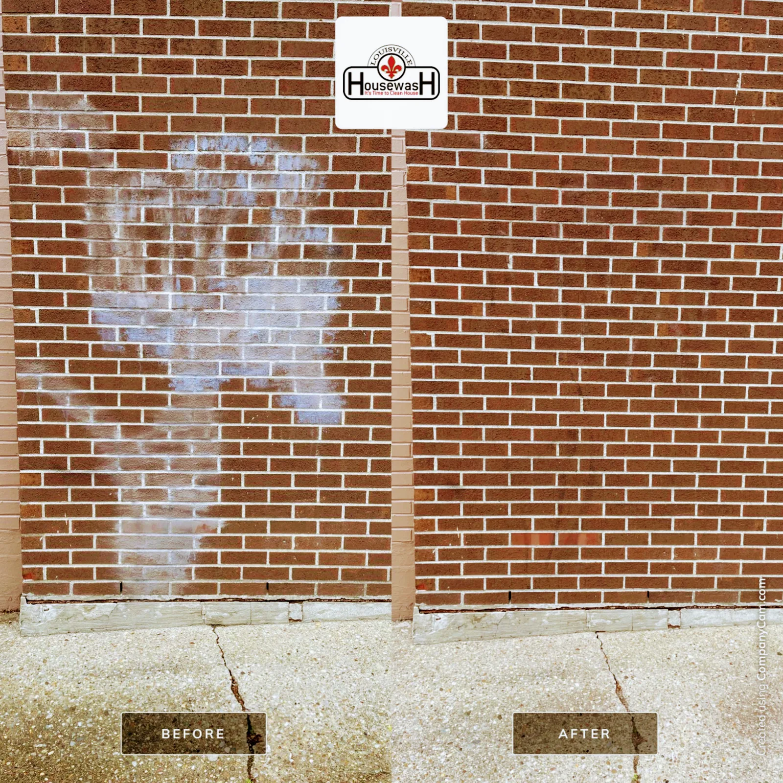 Red brick wall before and after soft washing, showing removal of white efflorescence and biological staining