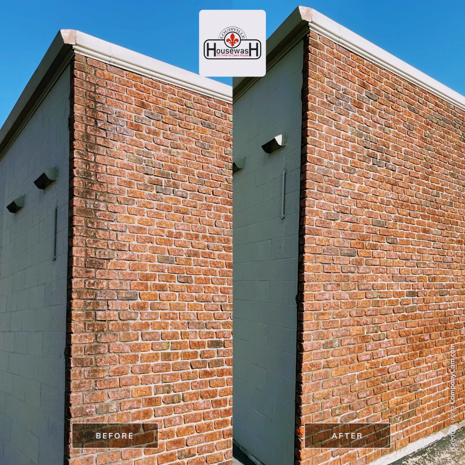 Commercial brick building exterior before and after pressure washing