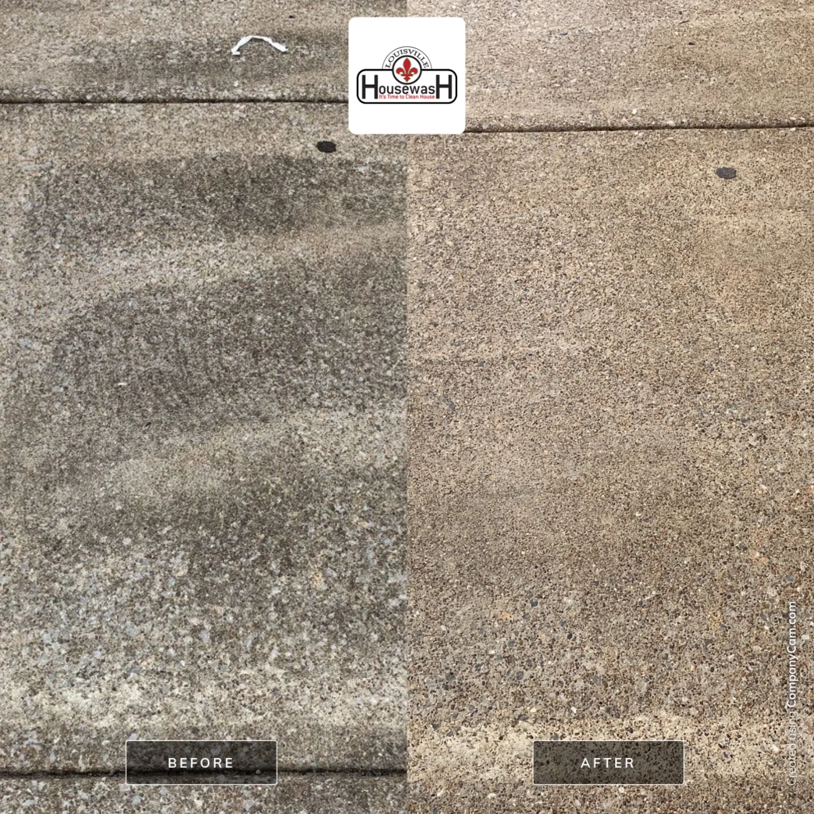 Concrete driveway showing a sharp clean line between washed and unwashed sections