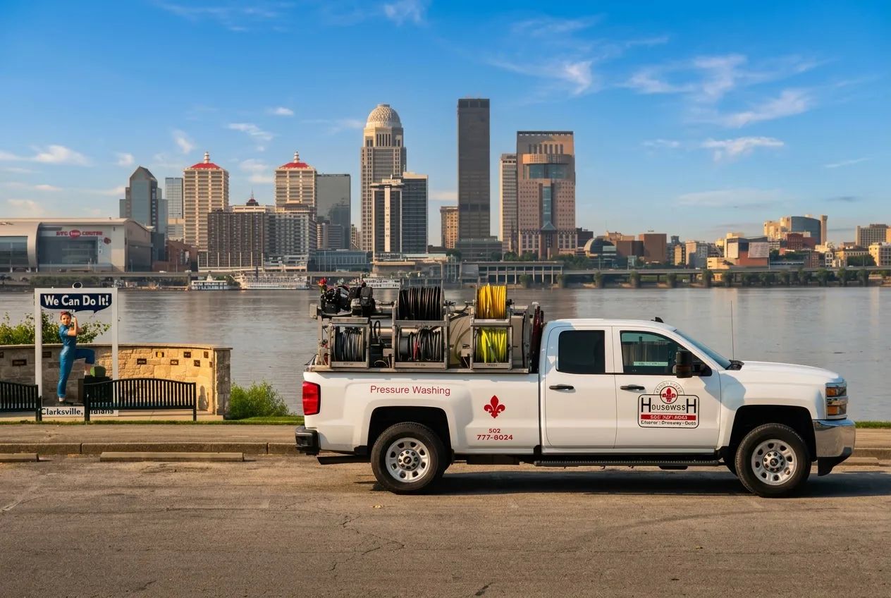 Louisville Housewash service truck parked with the downtown Louisville skyline behind it