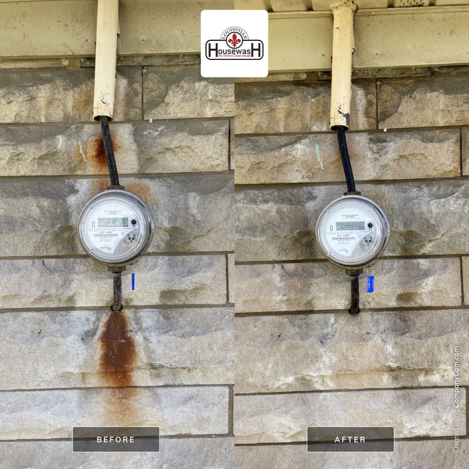 Before and after removing rust streaks from stone veneer beneath exterior utility meters