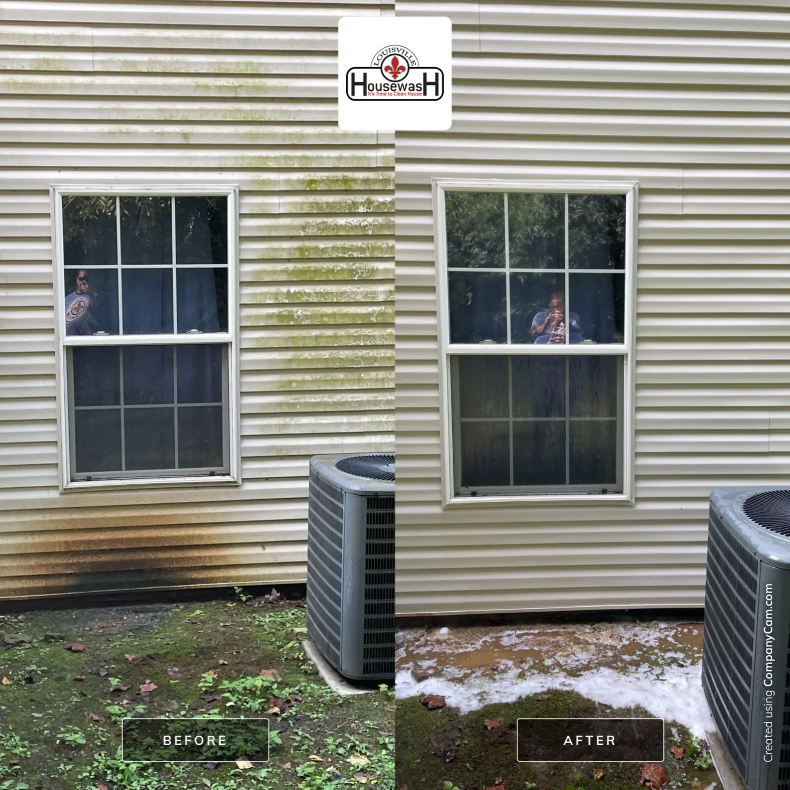 Before and after soft washing green algae from vinyl siding beside an air conditioning unit