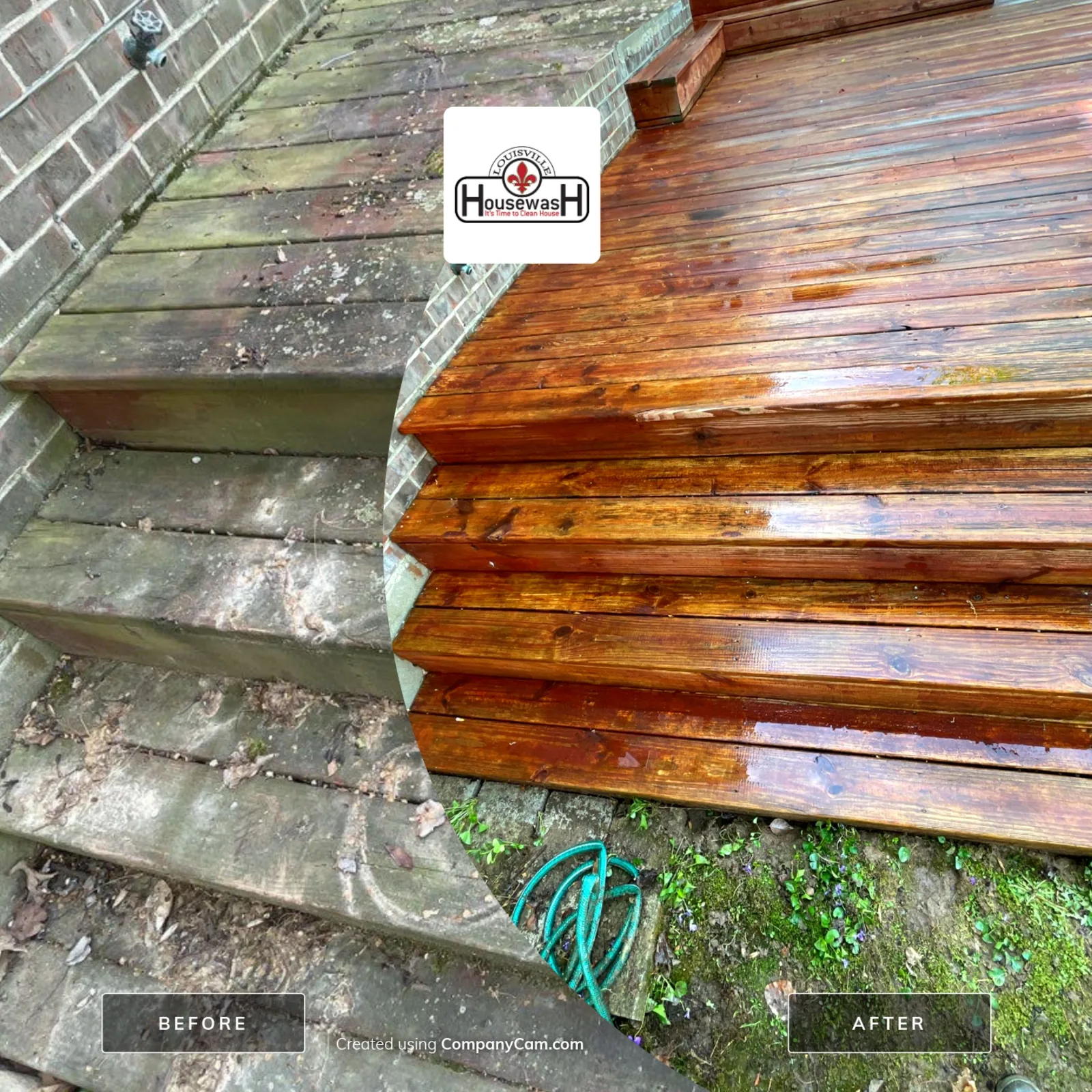 Weathered wood deck boards before and after cleaning in preparation for stain